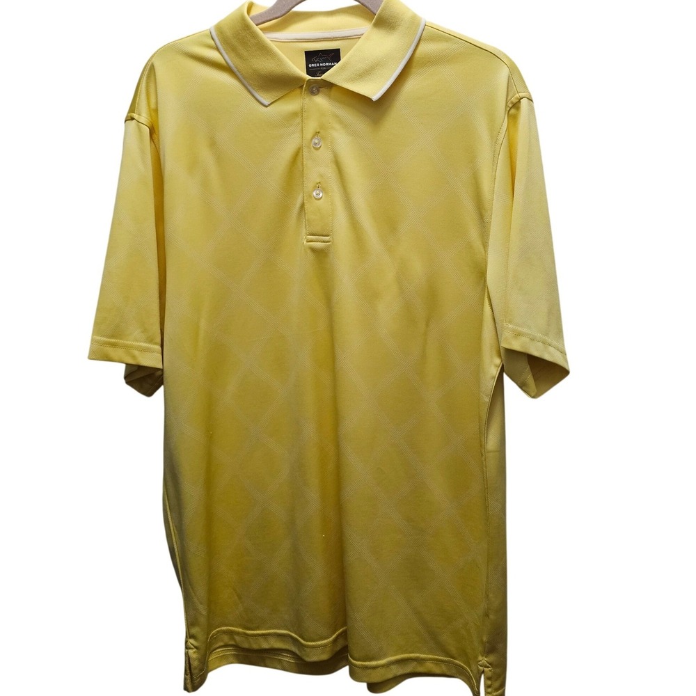 Greg Norman Tasso Elba Mens L Yellow Play Dry Golf Polo Shirt Diamond Pattern